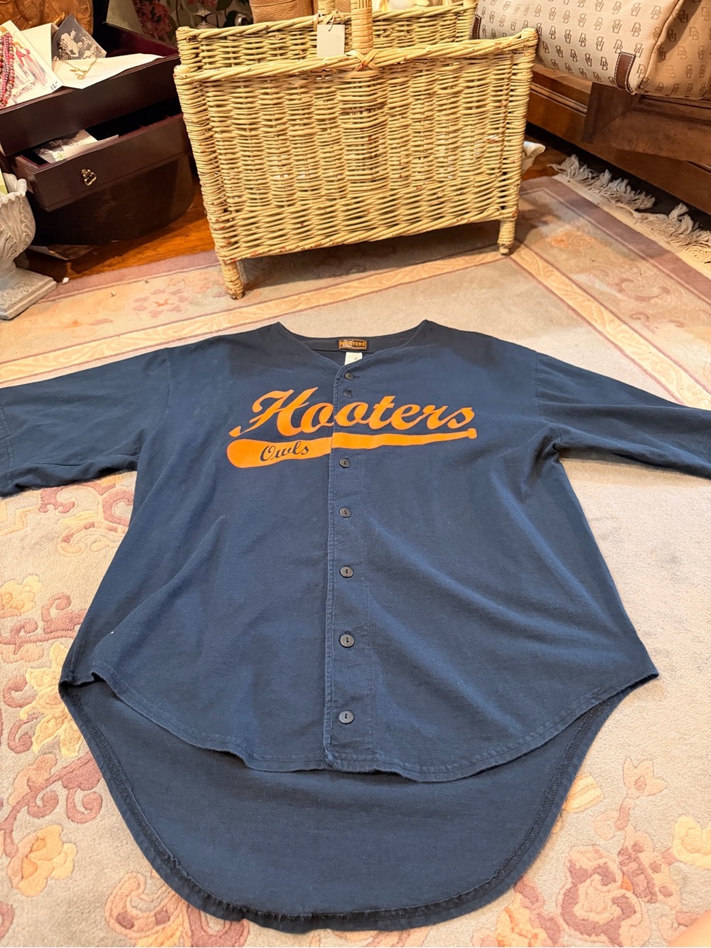 Vintage Hooters Navy Button-Up Baseball Style Shirt with Orange Logo